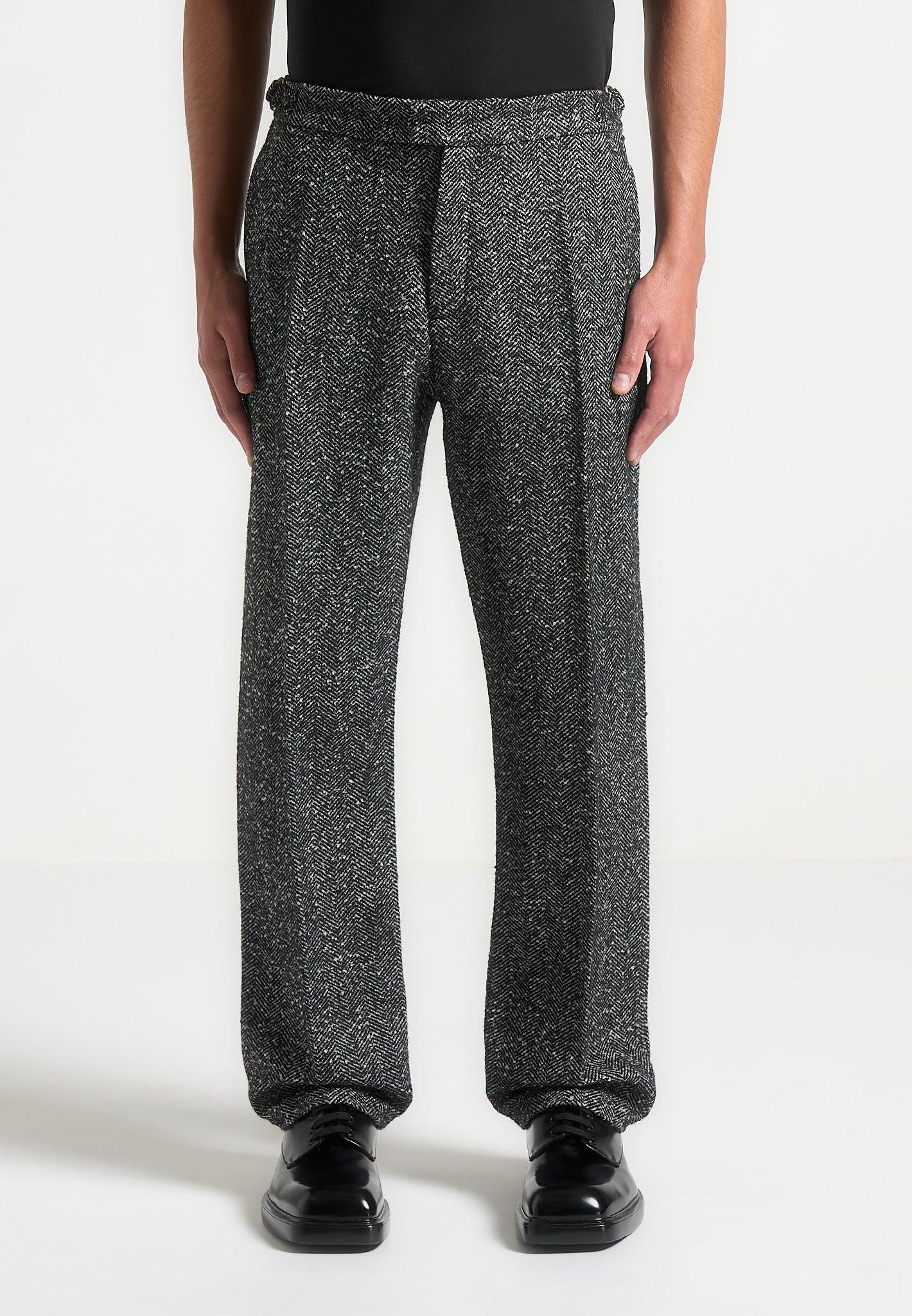 Regular Fit Herringbone Wool Blend Tailored Trousers - Black Male Product Image