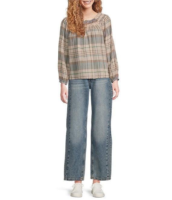 Lucky Brand Woven Stripe Print Round Neck Long Sleeve Button-Front Top Product Image