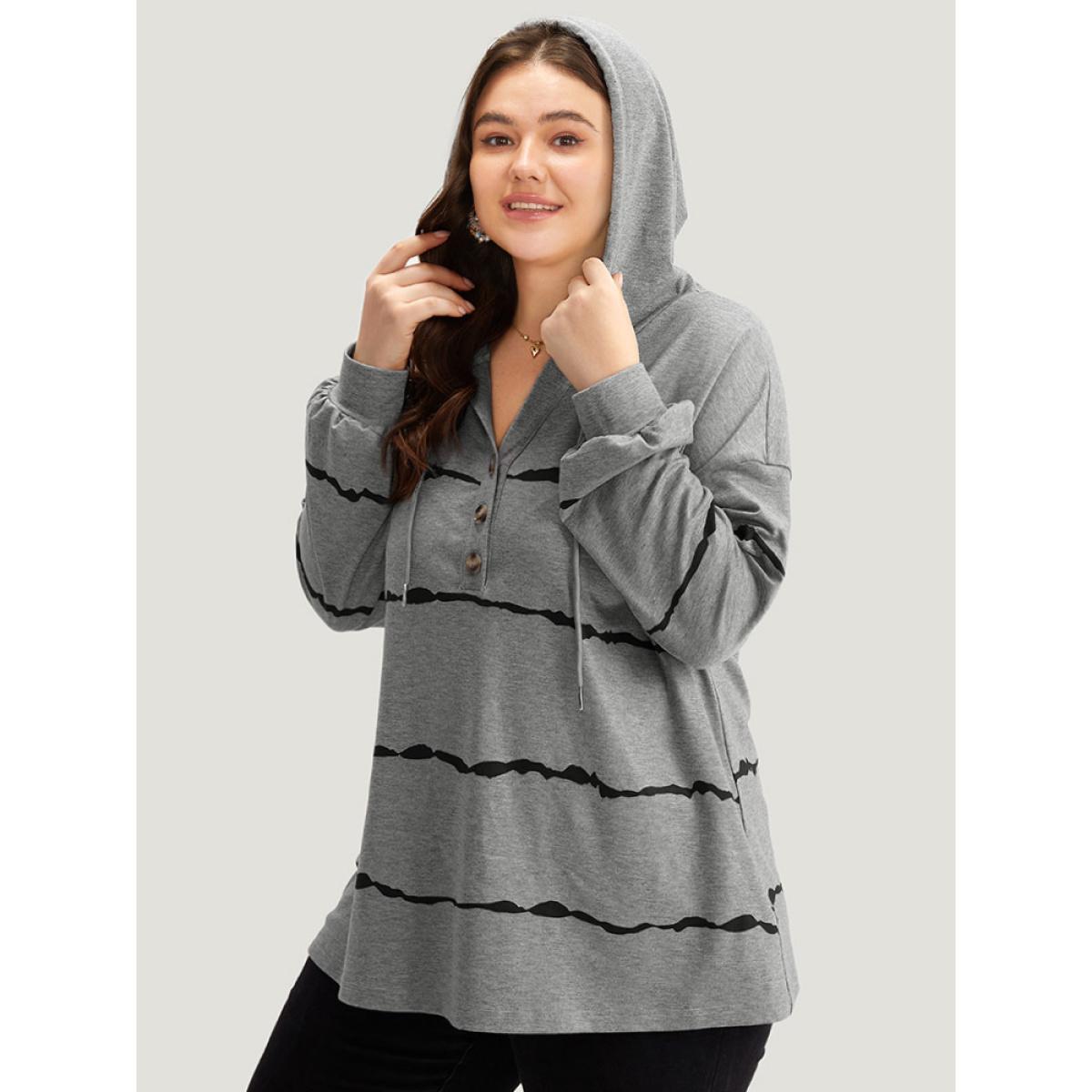 Plus Size Striped Drawstring Hooded Button Up Sweatshirt Women Gray Casual Elastic cuffs Hooded Dailywear Sweatshirts BloomChic 12/L Product Image