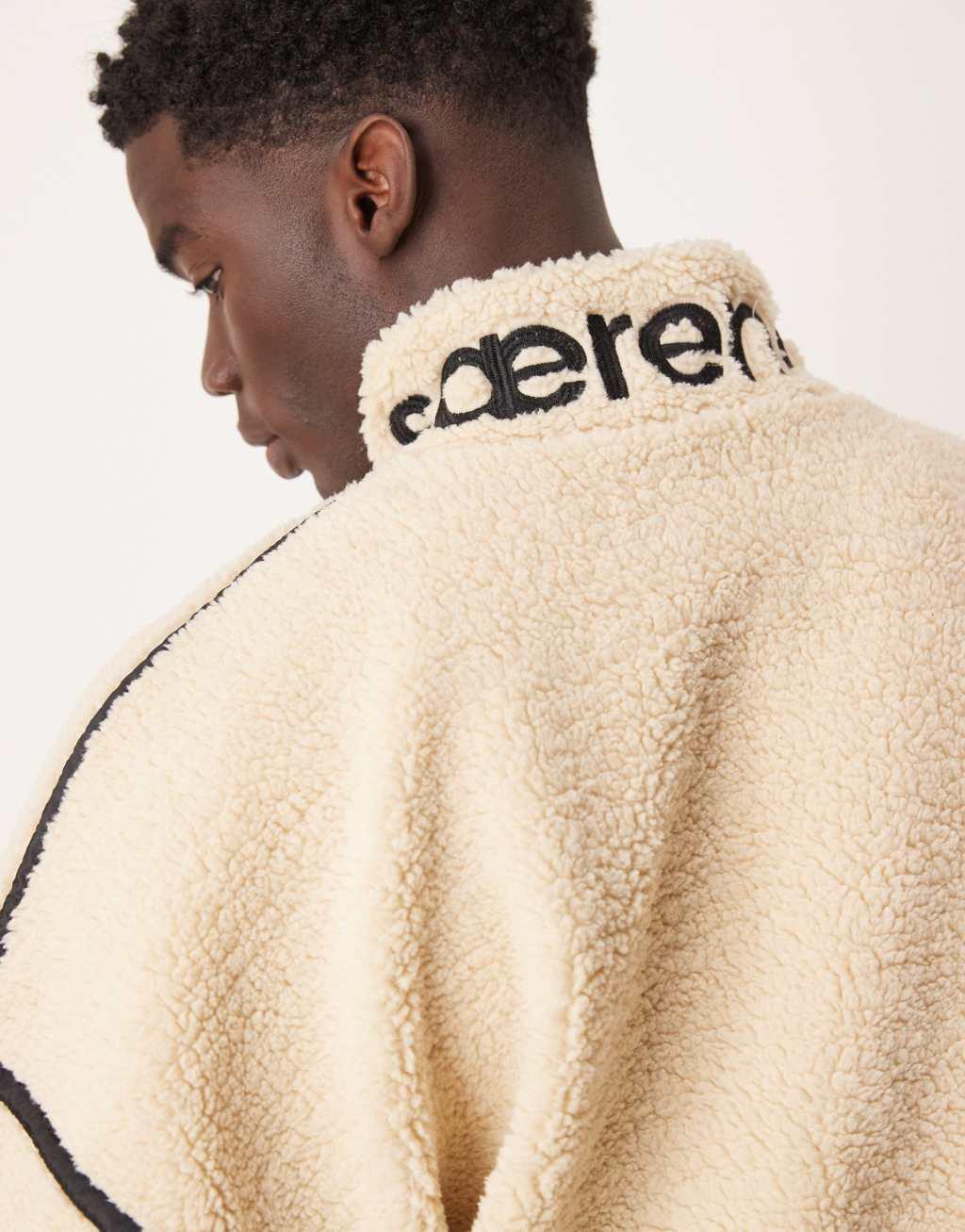 ASOS DESIGN extreme oversize boxy fleece sweater with half zip and embroidery in ecru borg Product Image