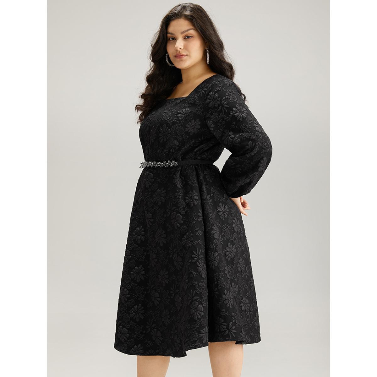 Plus Size Floral Print Plisse Pocket Lantern Sleeve Dress Black Women Cocktail Elastic cuffs Square Neck Long Sleeve Curvy Midi Dress BloomChic 10/M Product Image