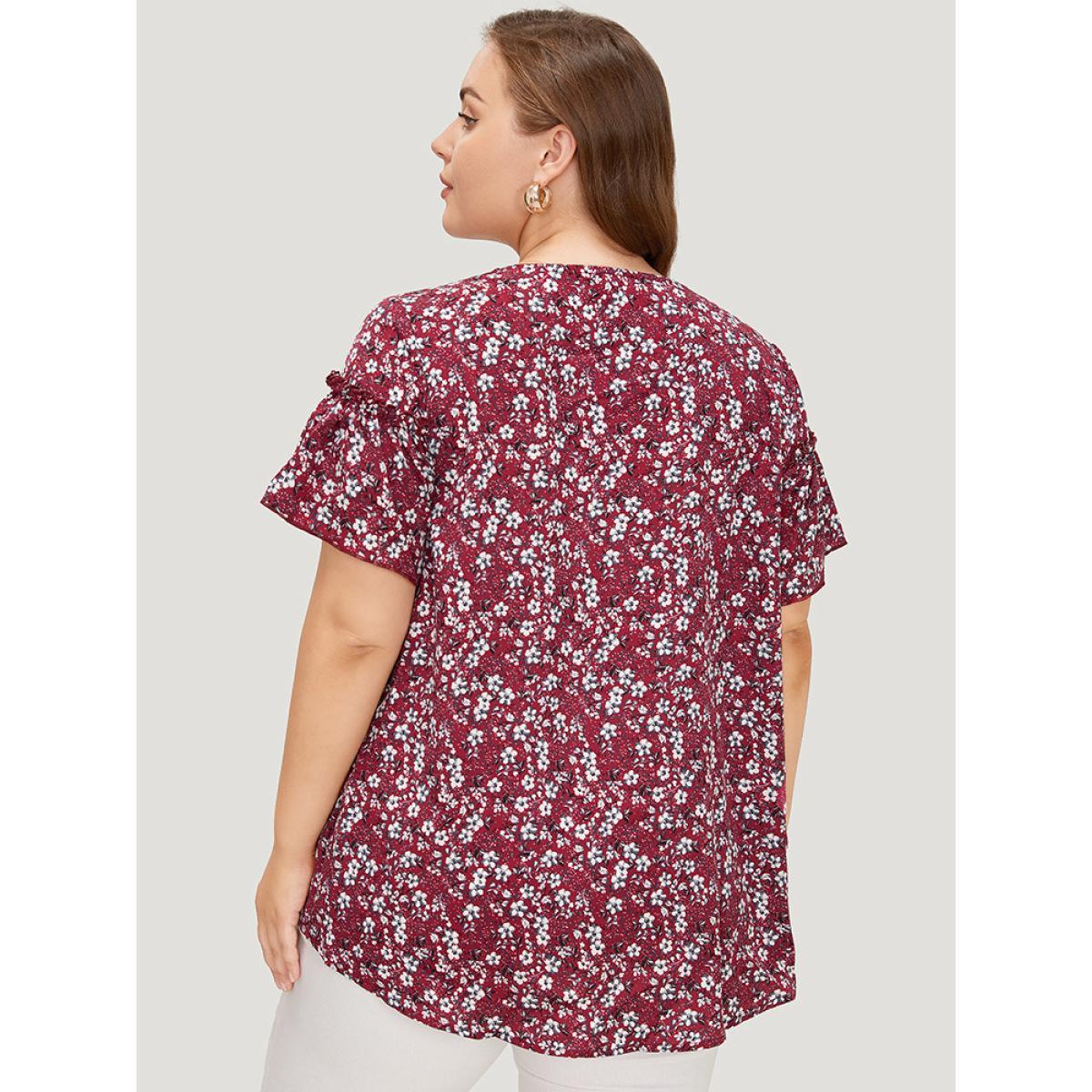 Plus Size Burgundy Ditsy Floral Frill Trim Gathered Ruffle Sleeve Blouse Women Elegant Short sleeve Round Neck Dailywear Blouses BloomChic 12/L Product Image