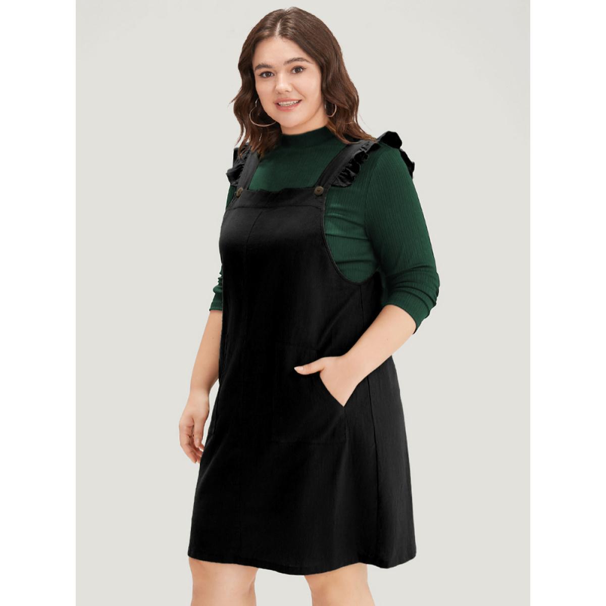 Plus Size Solid Square Neck Button Up Pocket Ruffle Trim Cami Dress Black Women Casual Plain Spaghetti Strap Sleeveless Curvy Knee Dress BloomChic 12/L Product Image
