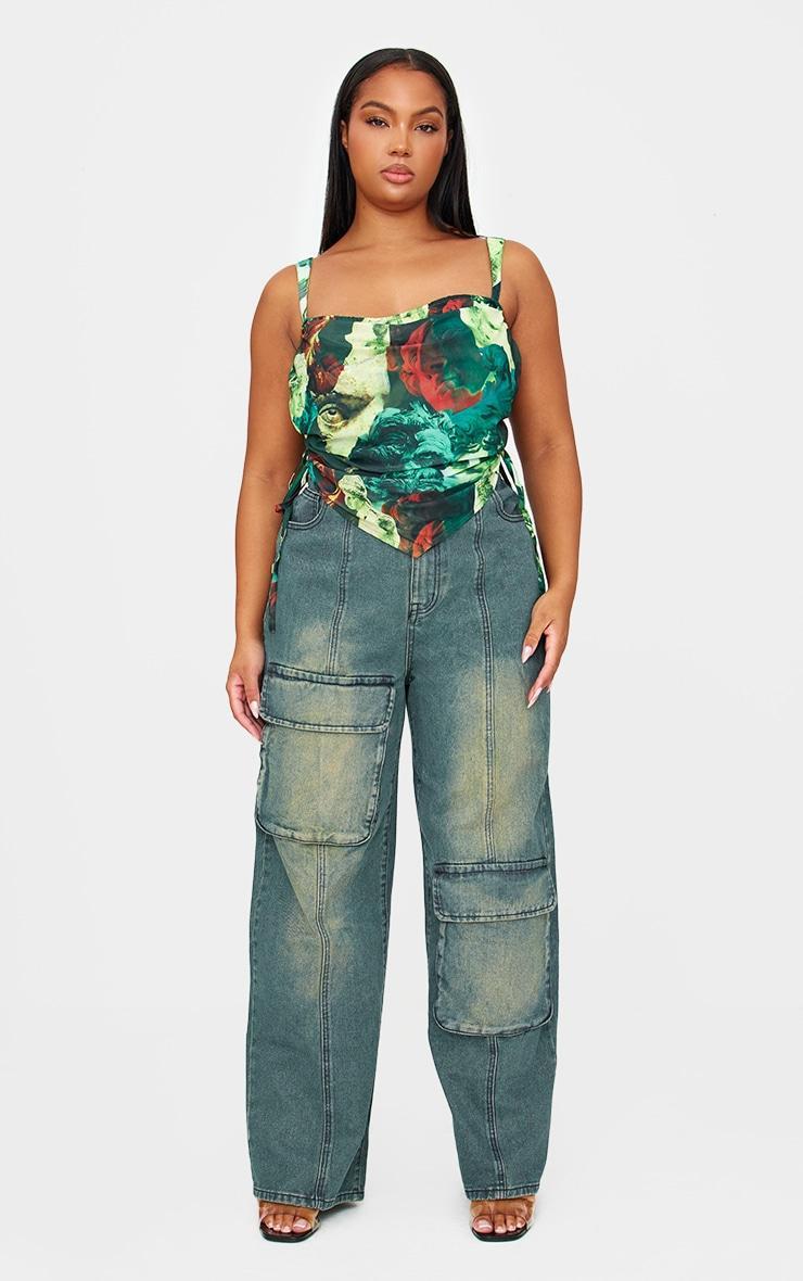 Plus Green Abstract Print Mesh Layered Corset Top Product Image