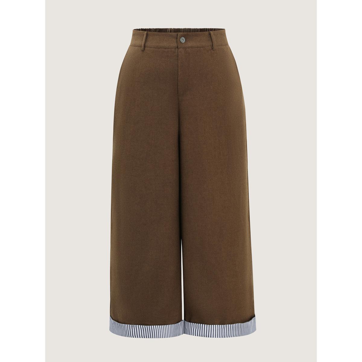 Plus Size Striped Color-Blocked Hem Pants Women Browncoffeecolor Office Straight Leg Mid Rise Office Pants BloomChic 26/4X Product Image