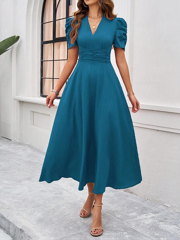 A-Line High Waisted Pleated Solid Color Zipper V-Neck Maxi Dresses Product Image