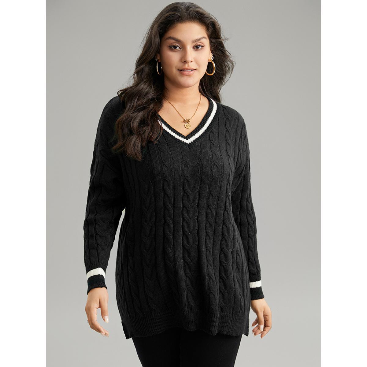 Plus Size Cable Knit Contrast Trim Drop Shoulder Pullover Black Women Casual Loose Long Sleeve V-neck Dailywear Pullovers BloomChic 22-24/3X Product Image