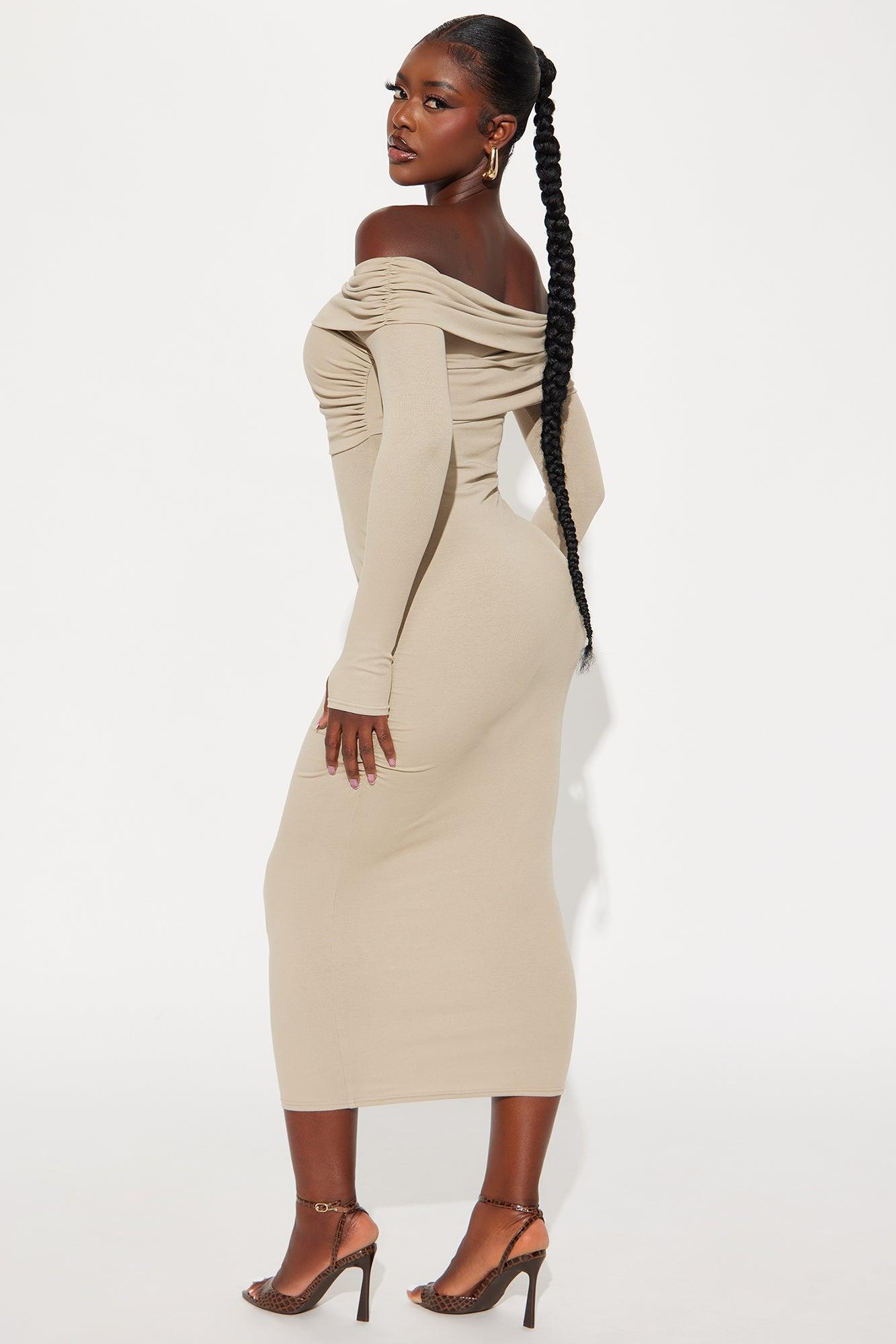 Turn Heads Off Shoulder Ruched Midi Dress - Taupe Product Image