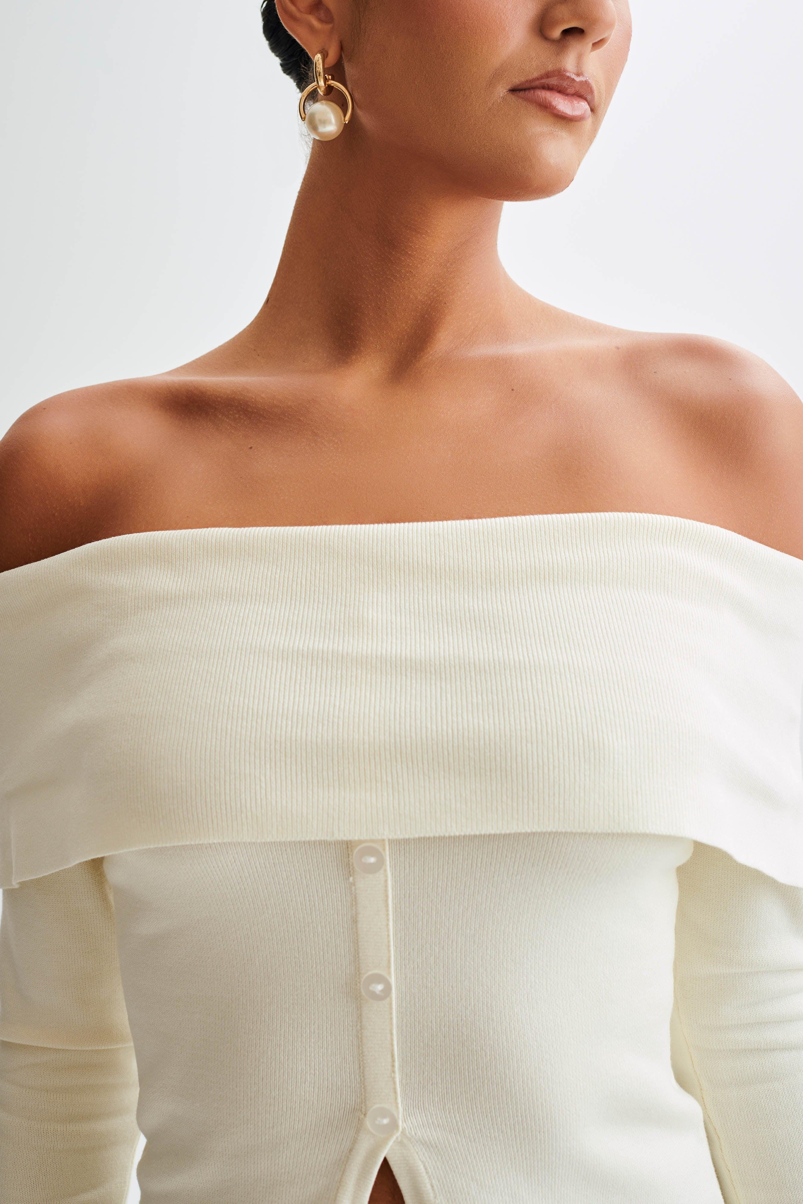 Diedre Buttoned Off Shoulder Knit Top - White Product Image