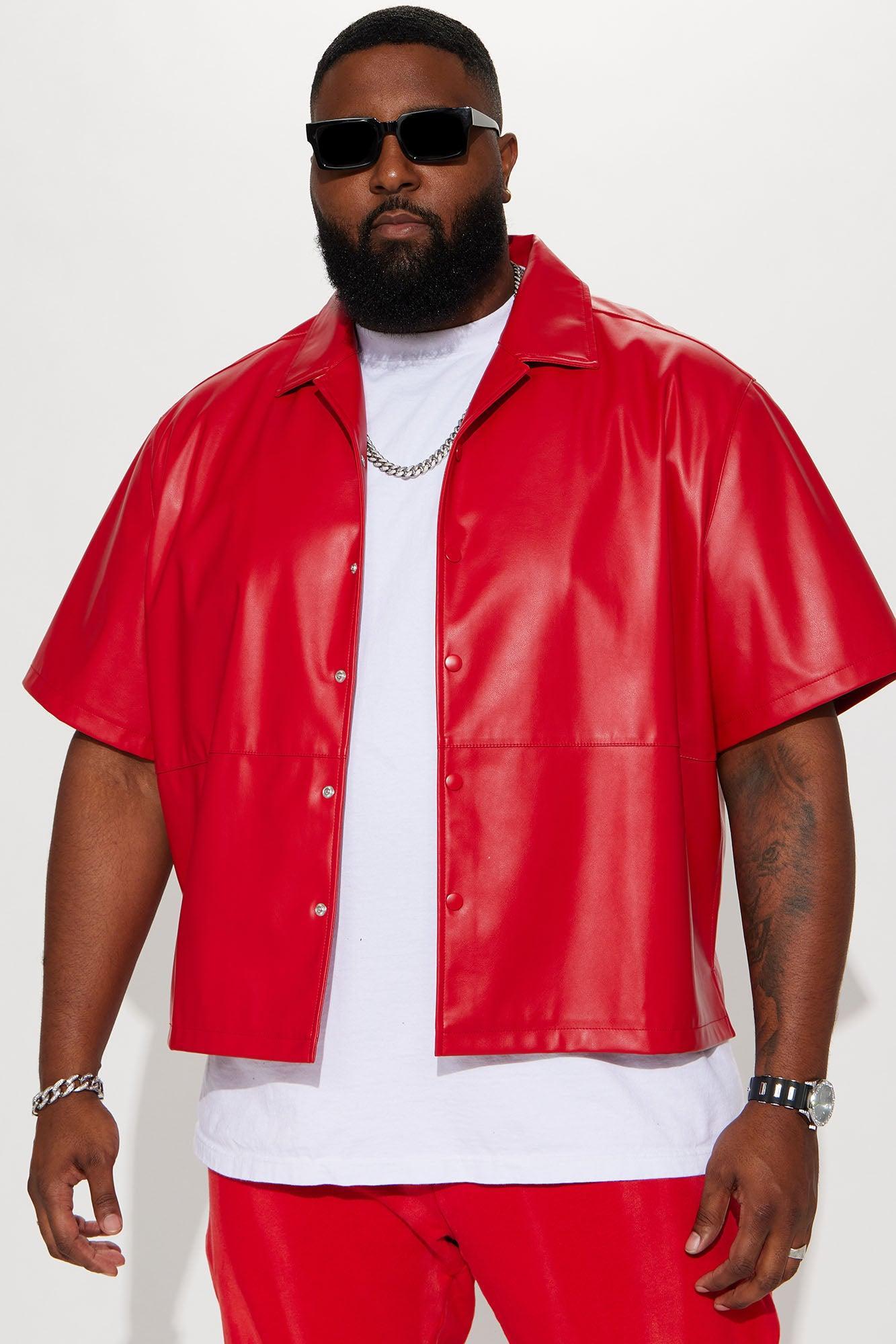 Slam Dunk Faux Leather Short Sleeve Button Up - Red Product Image