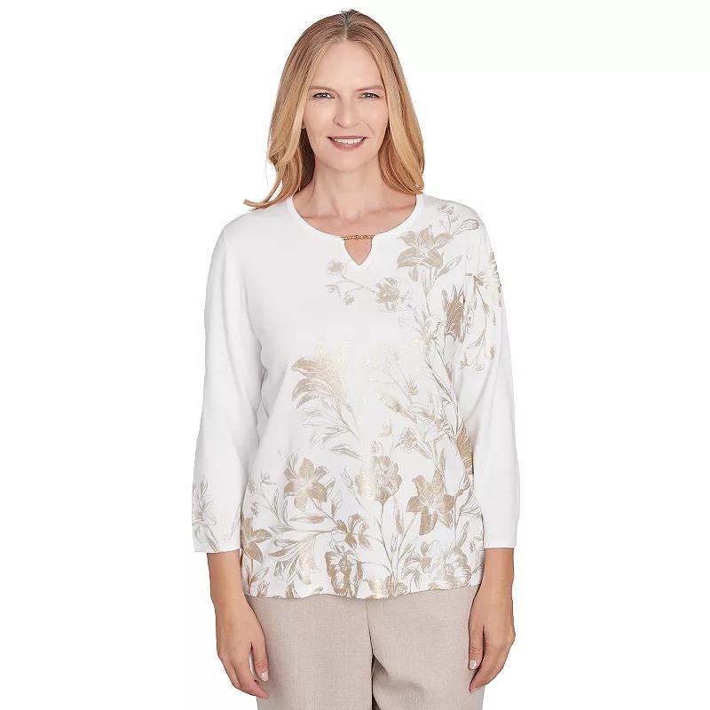 Petite Alfred Dunner Split Neck Botanical Gold Foil Print Sweater, Women's, Size: Medium Petite, Neutral Team Product Image