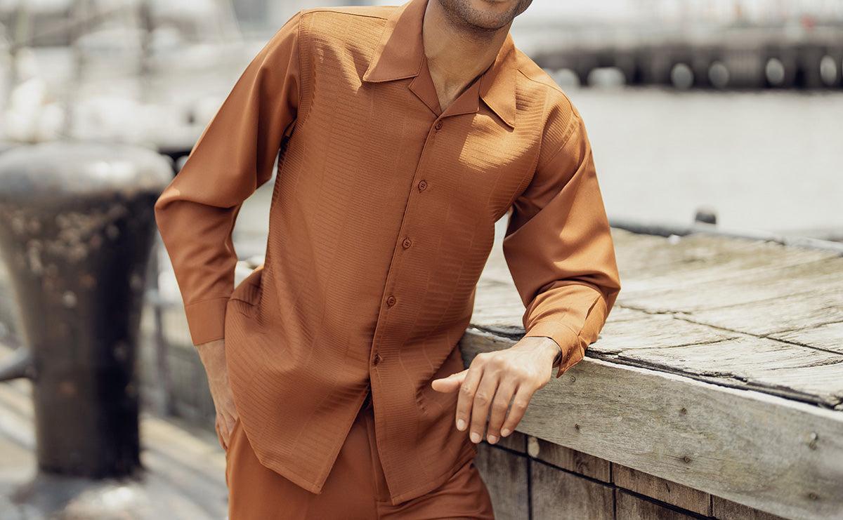 Cognac Tone-on-Tone Design 2 Piece Long Sleeve Walking Suit Set Product Image