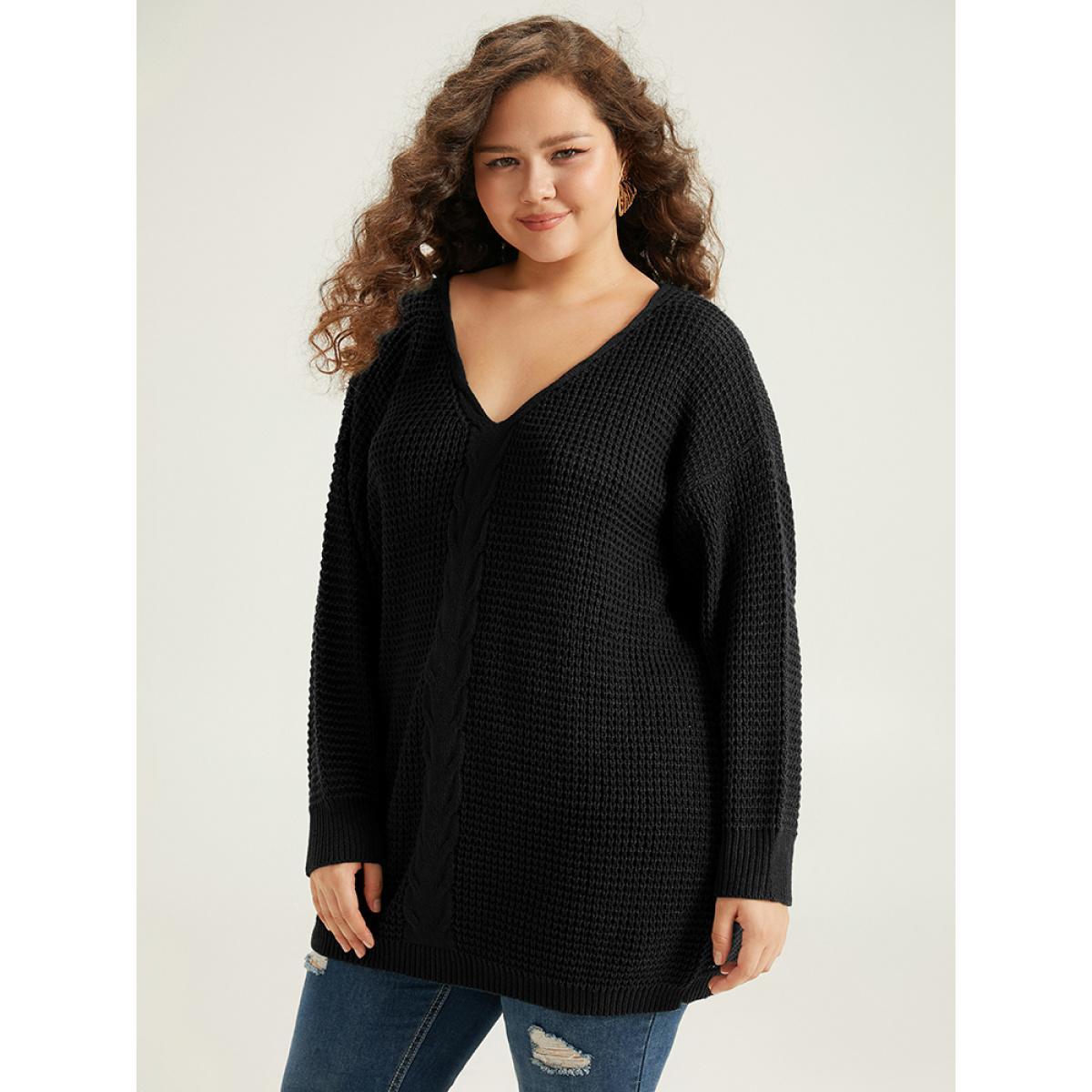Plus Size Cable Knit Plain Elastic Cuffs Pullover Black Women Casual Loose Long Sleeve V-neck Dailywear Pullovers BloomChic 18-20/2X Product Image