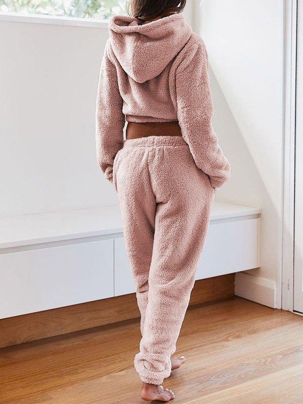 Solid Plush Hooded & Pocket Pants Set Product Image