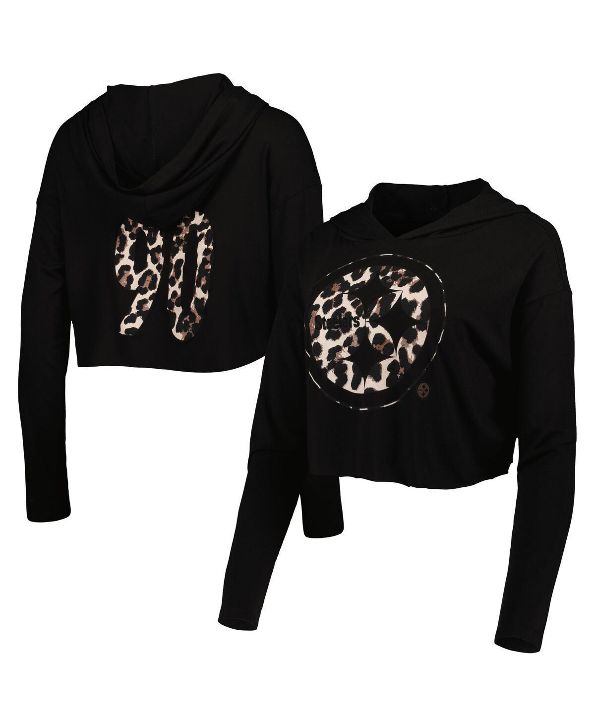 Womens Majestic Threads T.J. Watt Leopard Player Name & Number Long Sleeve Cropped Hoodie Product Image