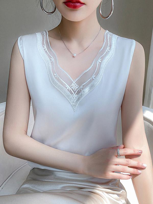 Loose Sleeveless Solid Color Split-Joint V-Neck Vest Top Product Image
