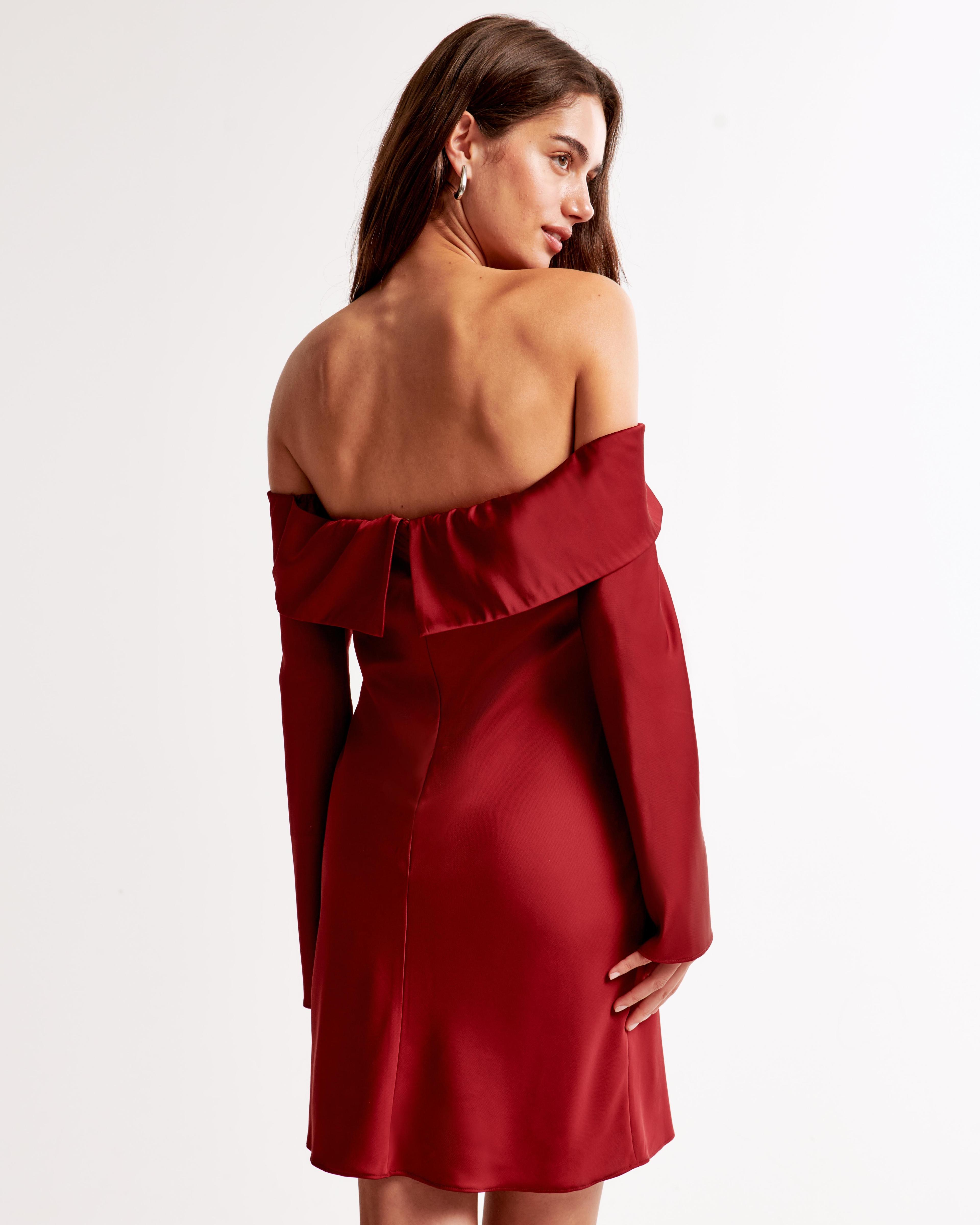 Long-Sleeve Off-The-Shoulder Satin Mini Dress Product Image