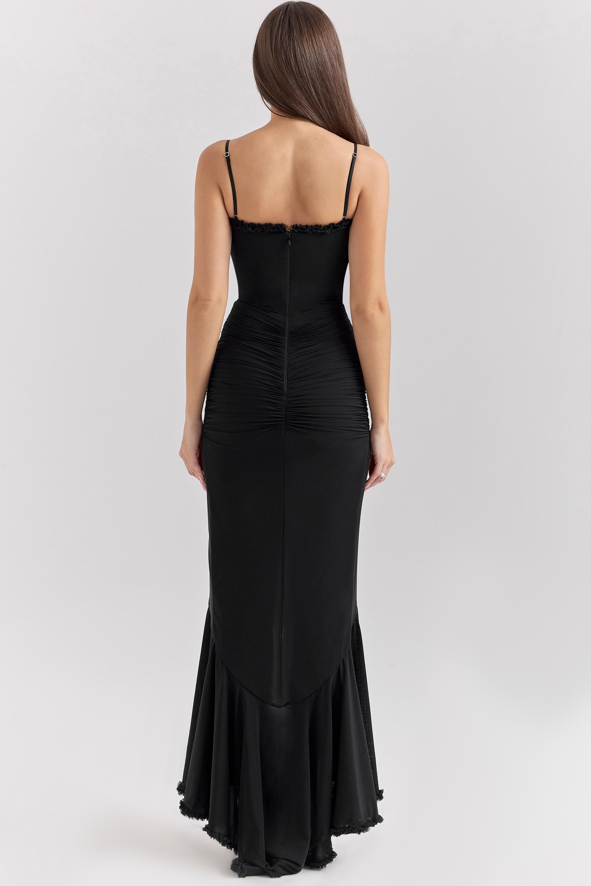 Gabbi Black Mesh Ruffled Front Gown Product Image