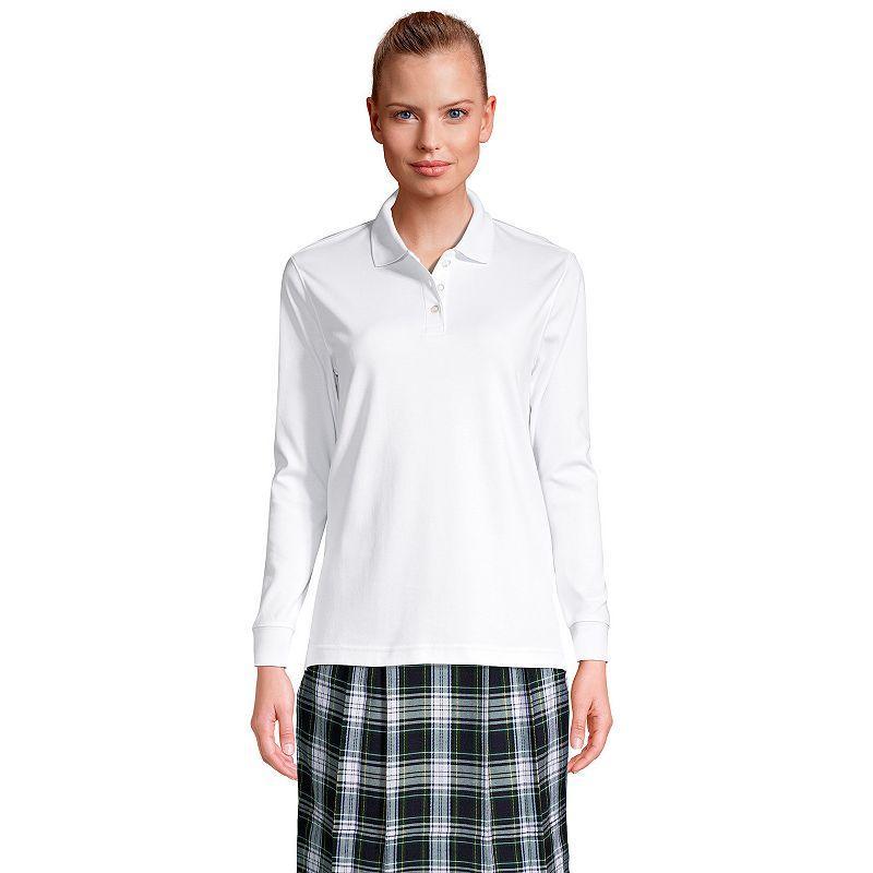 Women's Lands' End School Uniform Long Sleeve 3-Button Interlock Polo Shirt, Size: Medium, White Product Image