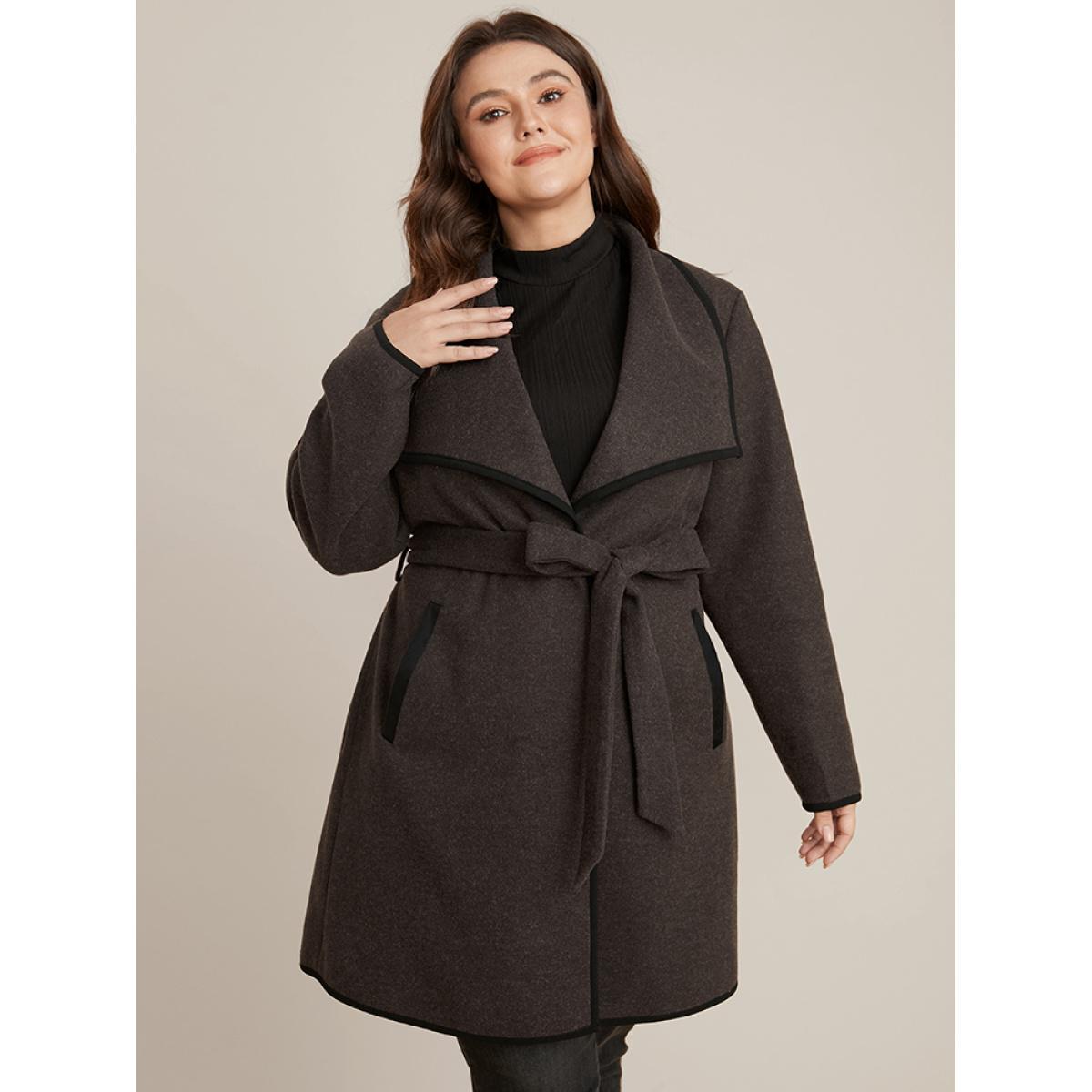 Plus Size Contrast Trim Pocket Belted Lapel Collar Coat Women DarkBrown Office Belted Ladies Work Winter Coats BloomChic 28/5X Product Image