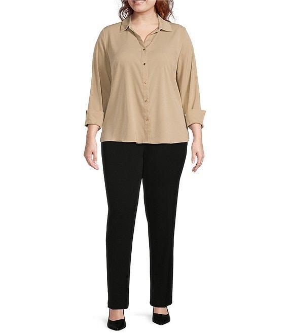 Investments Plus Size Woven 3/4 Sleeve Point Collar Button Front Split Cuff Top Product Image