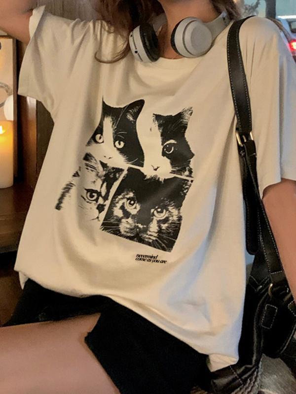 Cat Print Loose Oversized Short Sleeve Tee Product Image