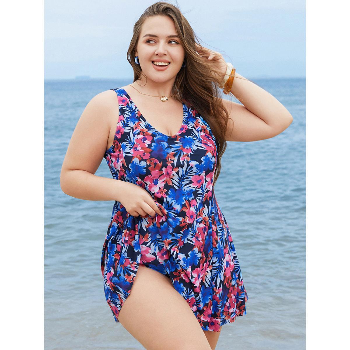 Plus Size Floral Print Ruffles Sculpt Waist A Line Swim Dress Women's Swimwear BlackFlower Vacation Bodycon V-neck High stretch Curve Swim Dresses BloomChic 30/6X Product Image