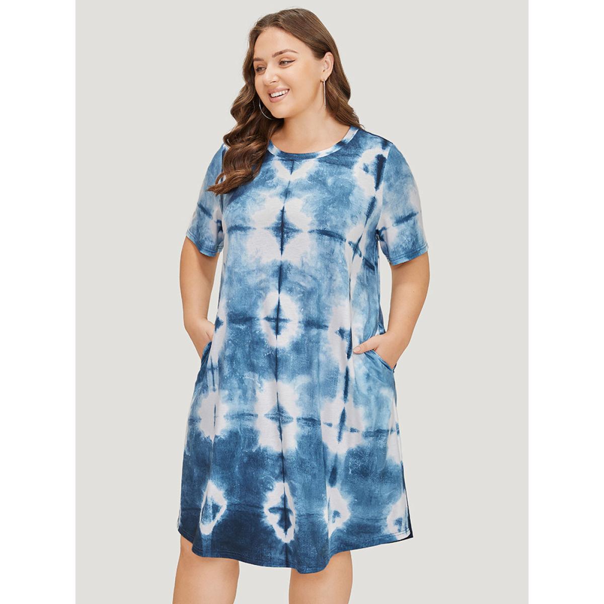Plus Size Tie Dye Pocket Ruffle Hem Crew Neck Dress Blue Women Casual Printed Round Neck Short sleeve Curvy Midi Dress BloomChic 22-24/3X Product Image
