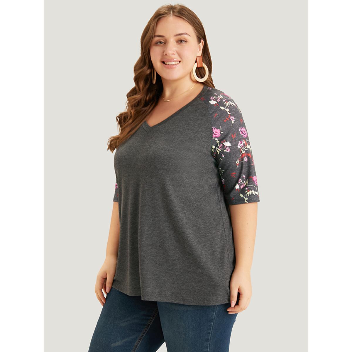 Plus Size Floral Patchwork Raglan Sleeve T-shirt Gray Women Elegant Patchwork Floral V-neck Work T-shirts BloomChic 28/5X Product Image