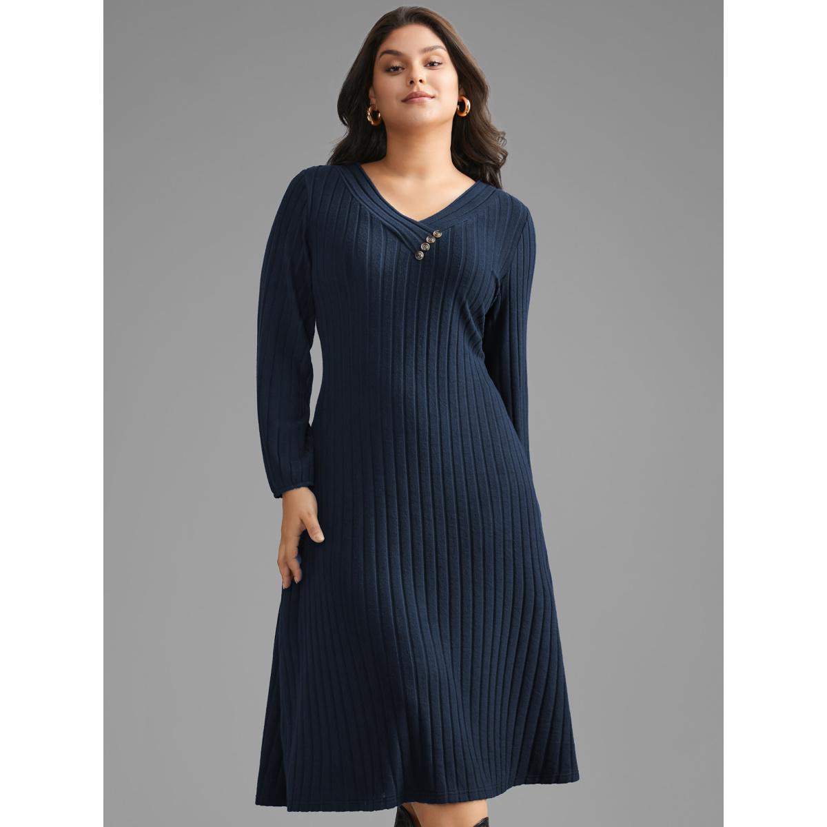Plus Size Plain Rib Knit Button Detail Dress DarkBlue Women Casual Texture Knit Dresses Bloomchic 10/M Product Image