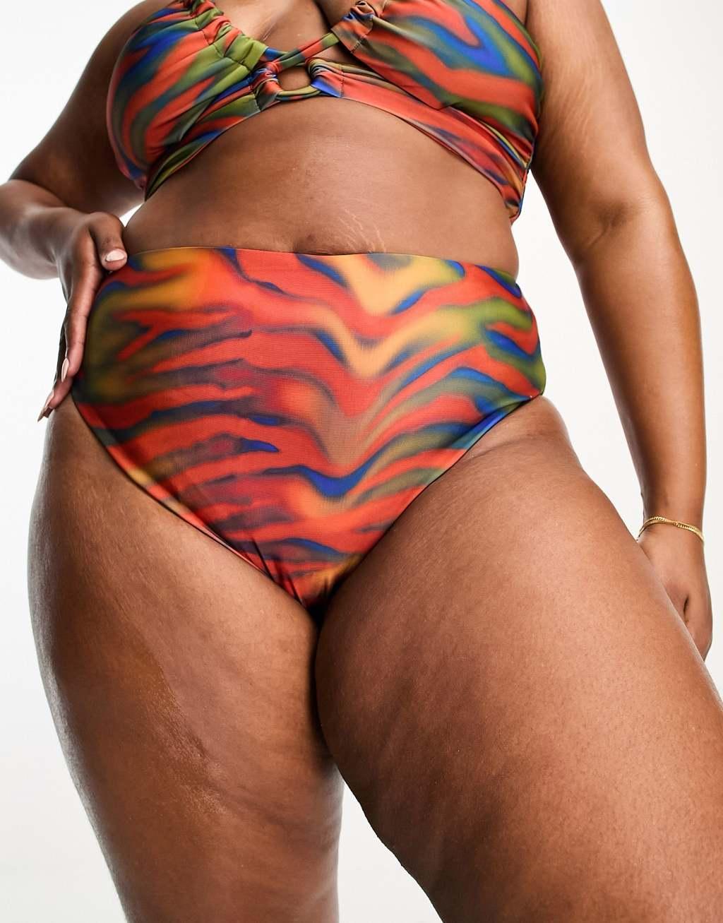 ASOS DESIGN Curve high leg high waist bikini bottom in heat map zebra print  Product Image