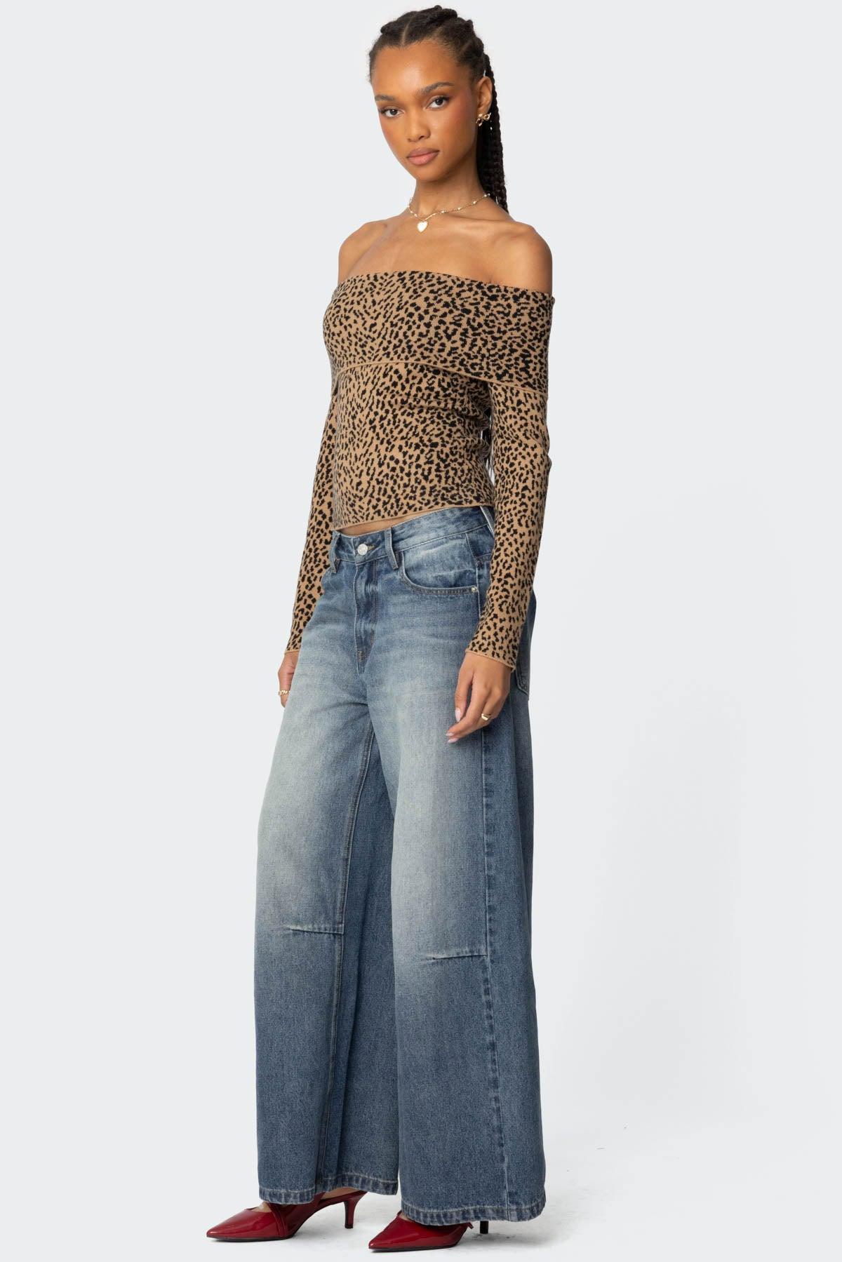 Leopard Printed Fold Over Knit Top Product Image