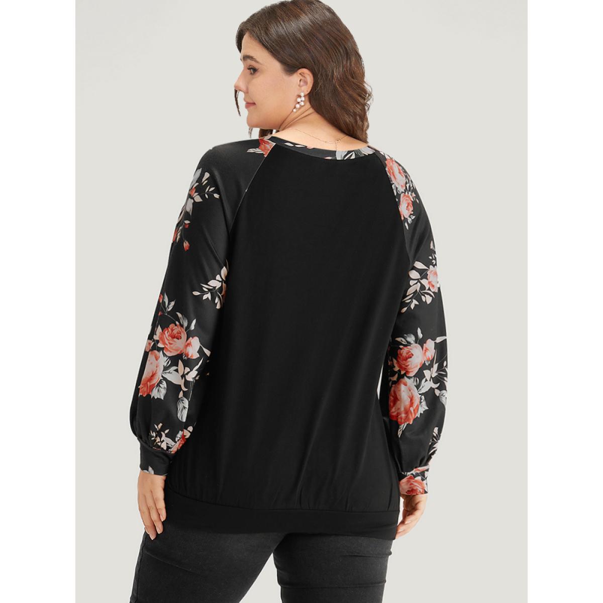 Plus Size Floral Print Raglan Sleeve Patchwork Sweatshirt Women Black Elegant Printed Round Neck Everyday Sweatshirts BloomChic 22-24/3X Product Image