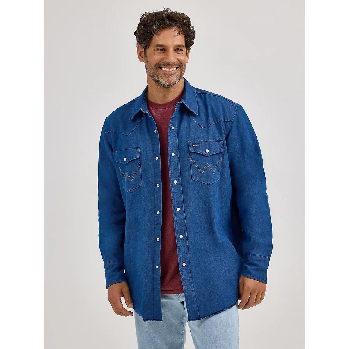 Men's Wrangler® Long Sleeve Flannel Lined Solid Work Shirt Denim Product Image