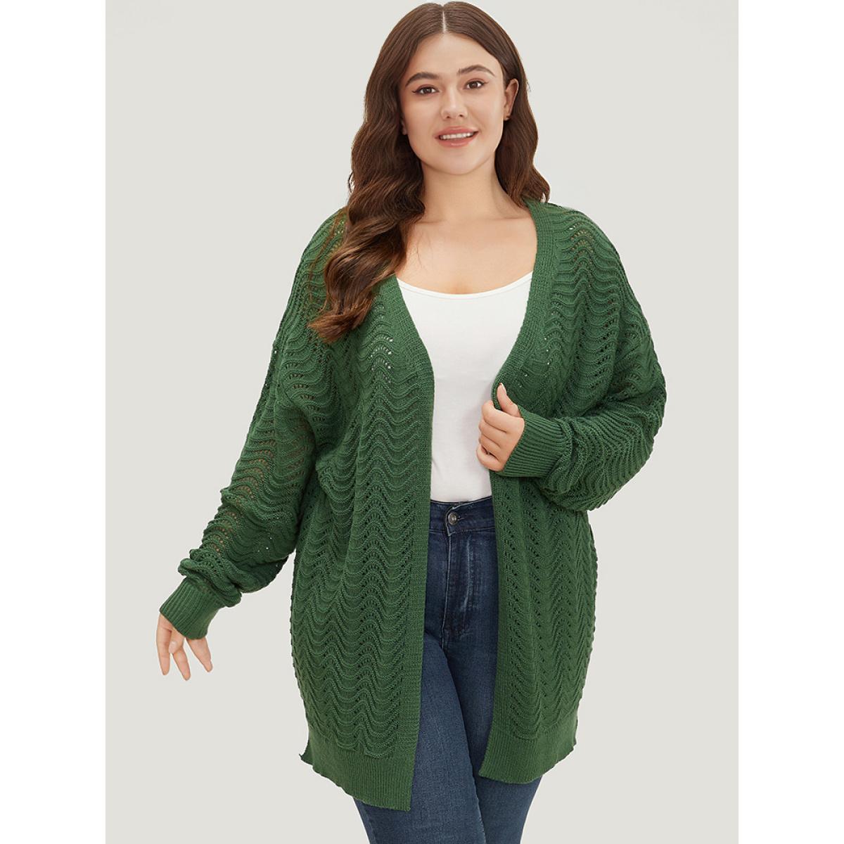 Plus Size Plain Open Front Split Side Cardigan Green Women Casual Loose Long Sleeve Everyday Cardigans BloomChic 26/4X Product Image