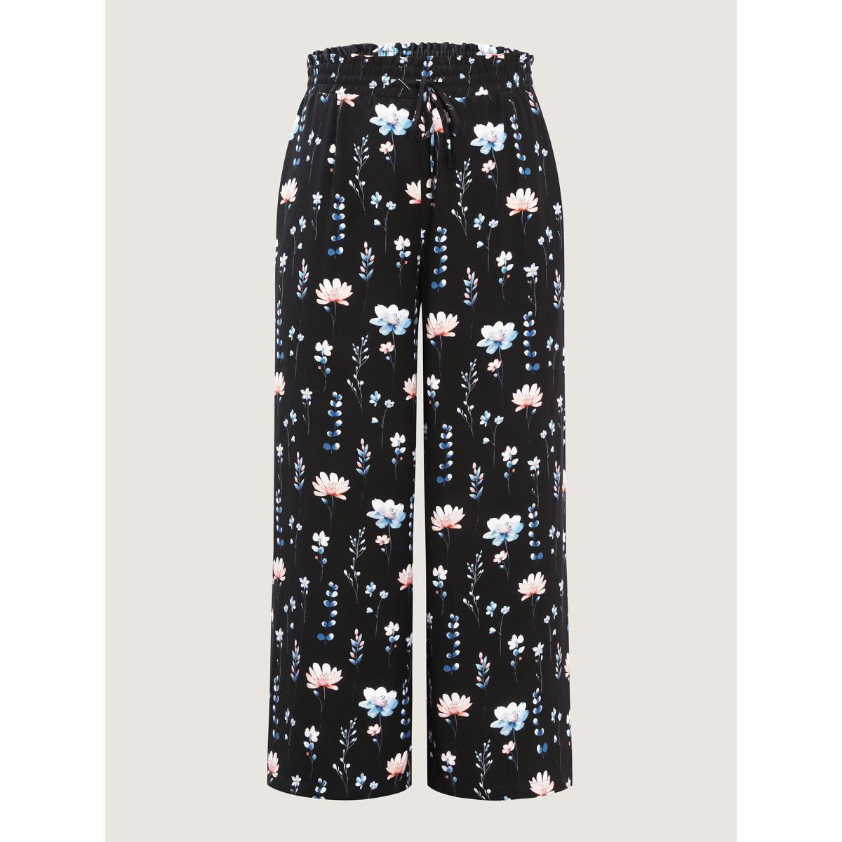 Plus Size Floral Print Drawstring Waist Loose Fit Pants Women BlackFlower Leisure Straight Leg Mid Rise Casual Pants BloomChic 18-20/2X Product Image