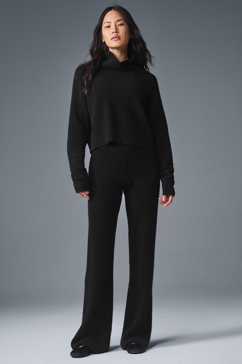 Cashmere Plush Waffle Turtleneck Pullover - Black Female Product Image