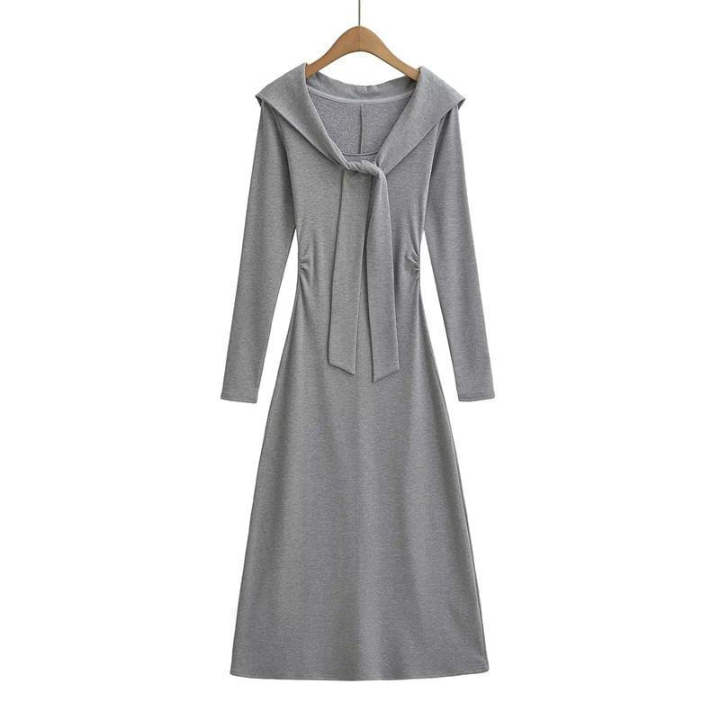 Long-Sleeve Tie-Neck Plain Midi A-Line Dress Product Image