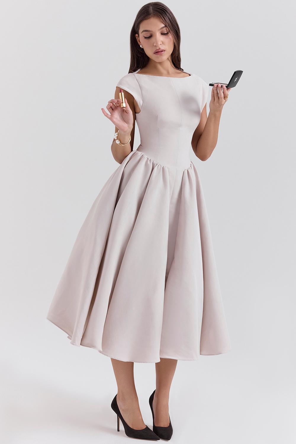 Debutante French Dove Moire Satin Backless Midi Dress Product Image