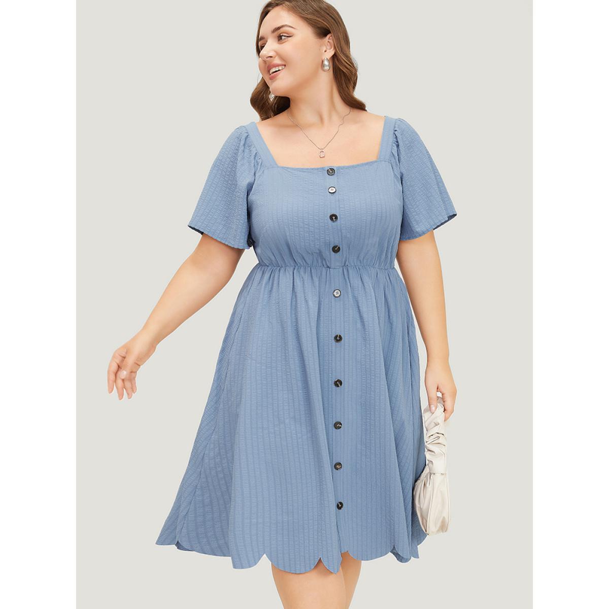Plus Size Plain Textured Ruffle Sleeve Pocket Scalloped Trim Dress Stone Women Office Elastic Waist Square Neck Short sleeve Curvy Knee Dress BloomChic 12/L Product Image