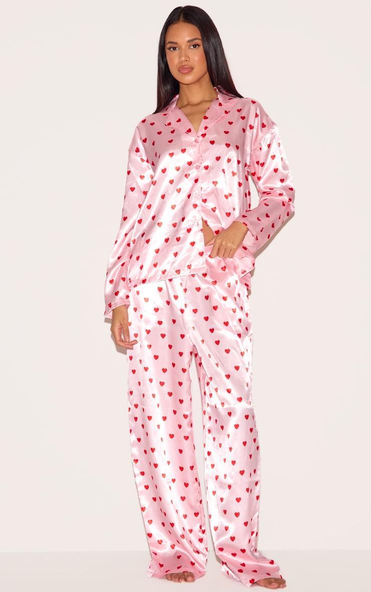 Pink Satin Heart Print Long Pj Set Product Image