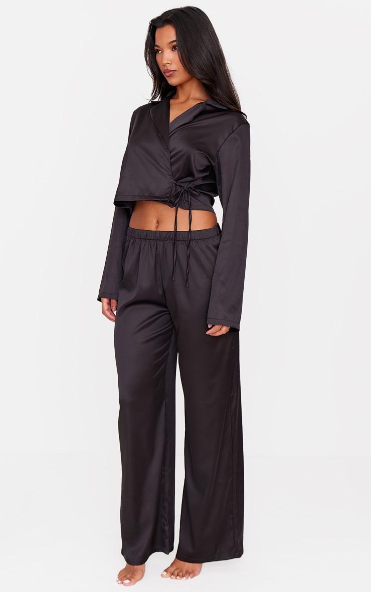 Black Satin Cropped Wrap Long Pj Set Product Image