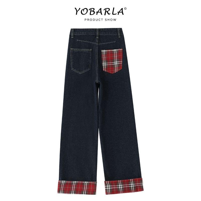 High Waist Plaid Lining Wide Leg Jeans Product Image