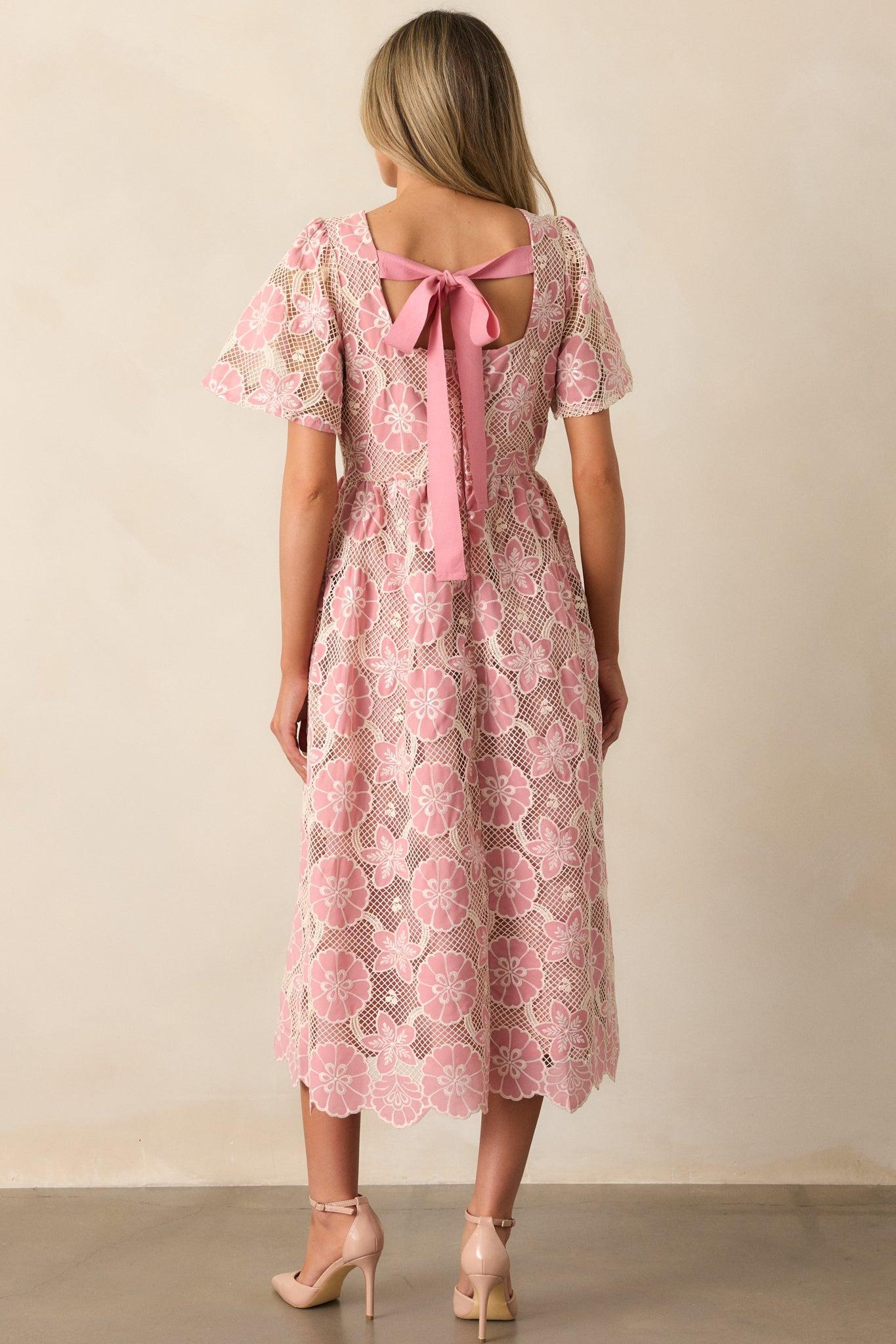 The Sweetest Rose Pink Embroidered Floral Midi Dress Product Image