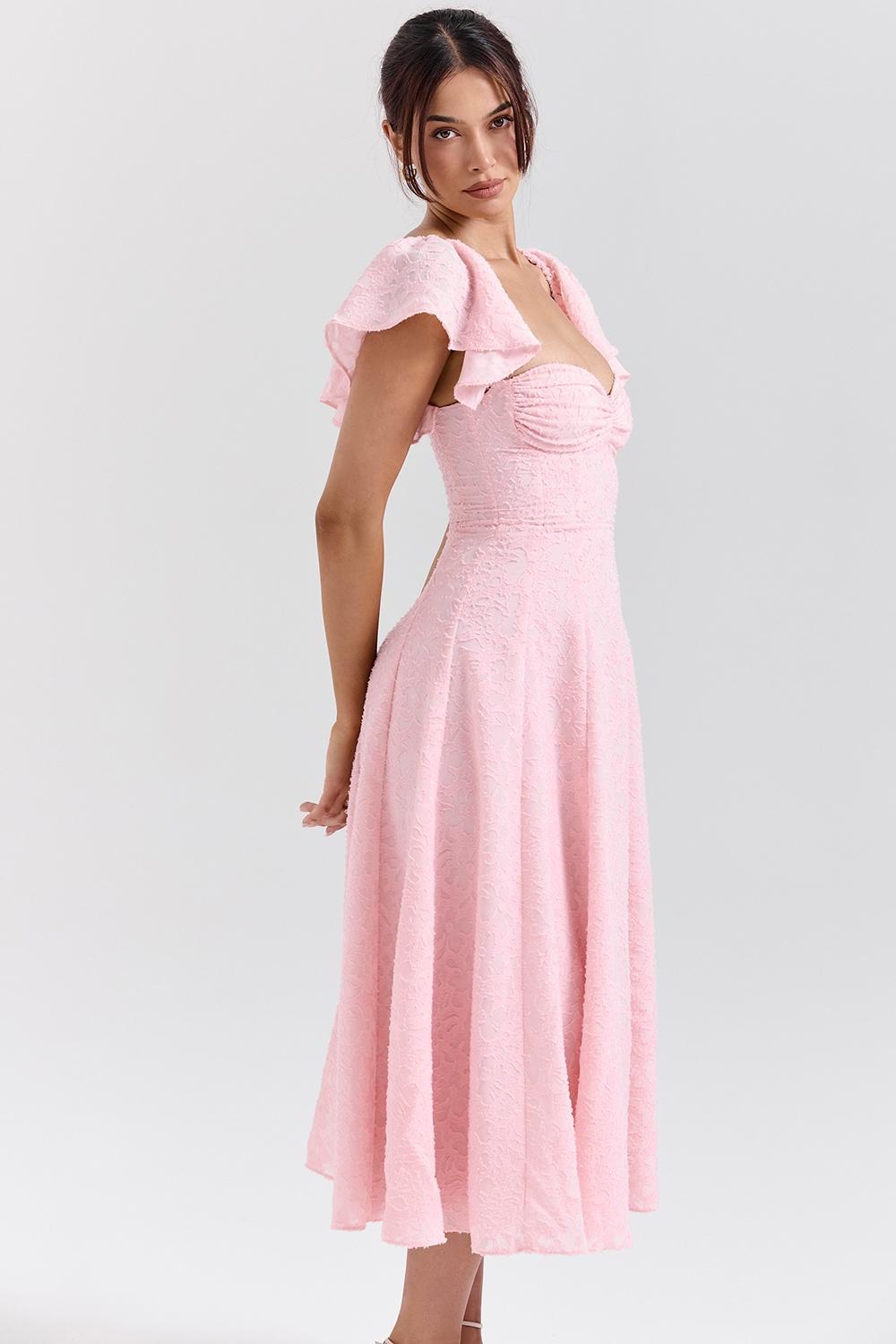 Emma Perfectly Pink Floral Jacquard Midi Dress Product Image