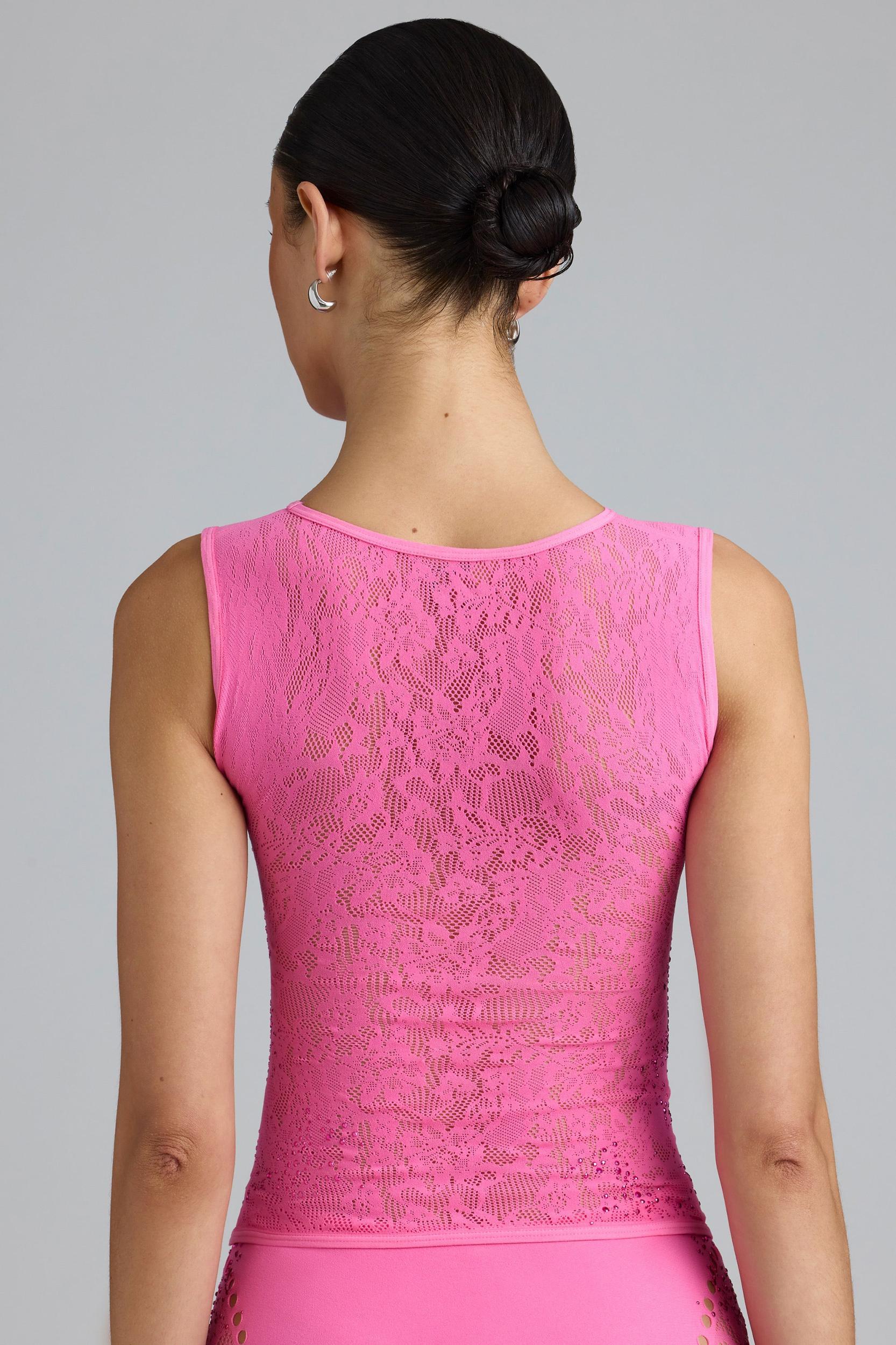 Embellished Lace-Up High-Neck Top in Bubblegum Pink Product Image