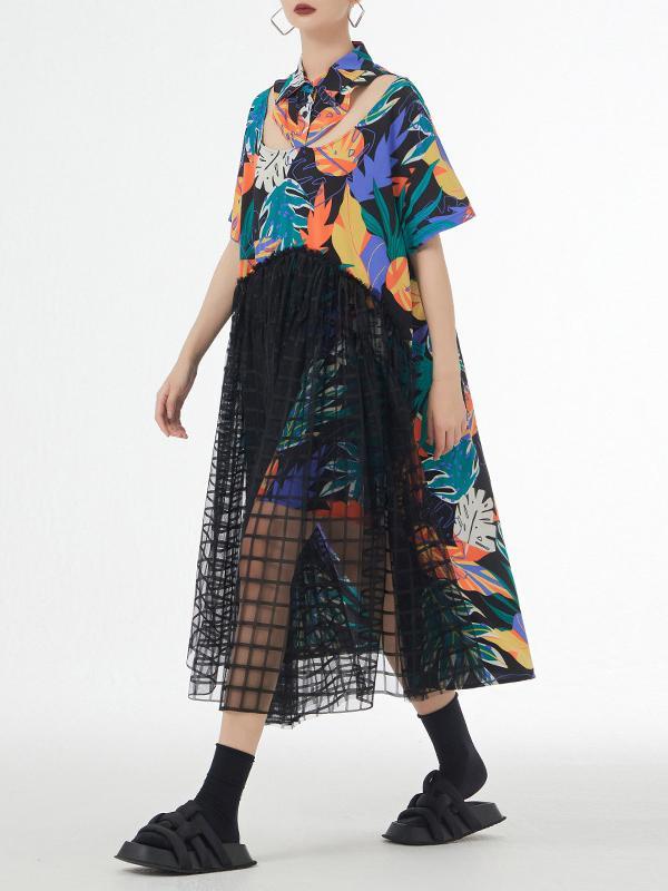 A-Line Loose Buttoned Hollow Mesh Printed Split-Joint Lapel Midi Dresses Product Image