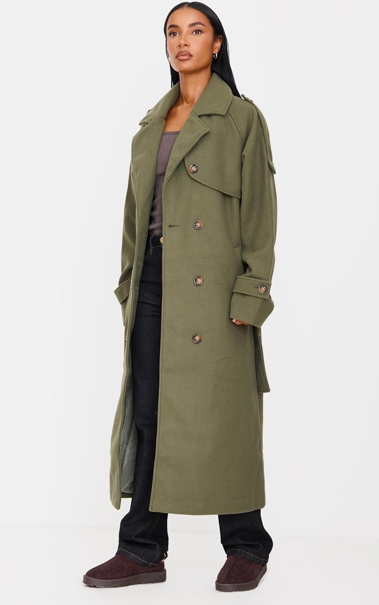 Khaki Wool Look Oversized Double Breasted Military Trim Coat Product Image