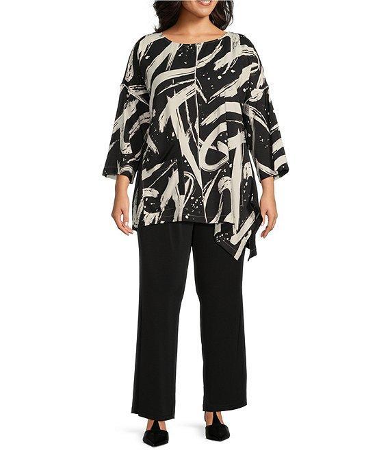 IC Collection Plus Size Woven Abstract Print Boat Neck 3/4 Sleeve Asymmetrical Tunic Product Image