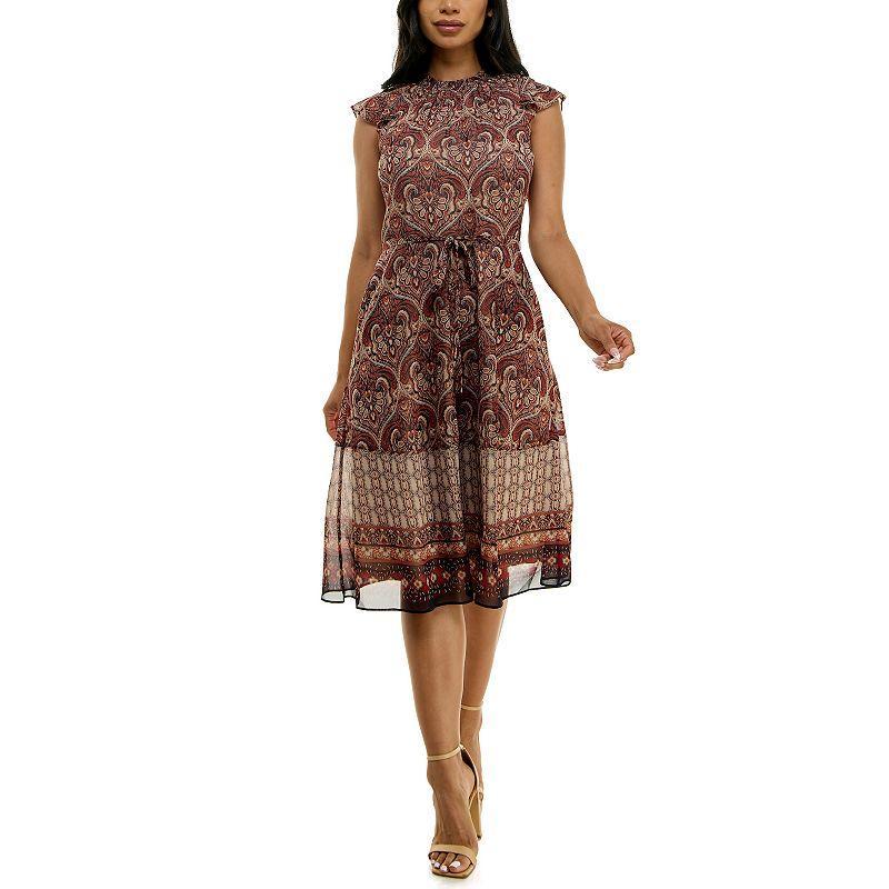 Women's Nina Leonard Smocked Flutter Sleeve Print Dress, Size: Small, Black White Product Image